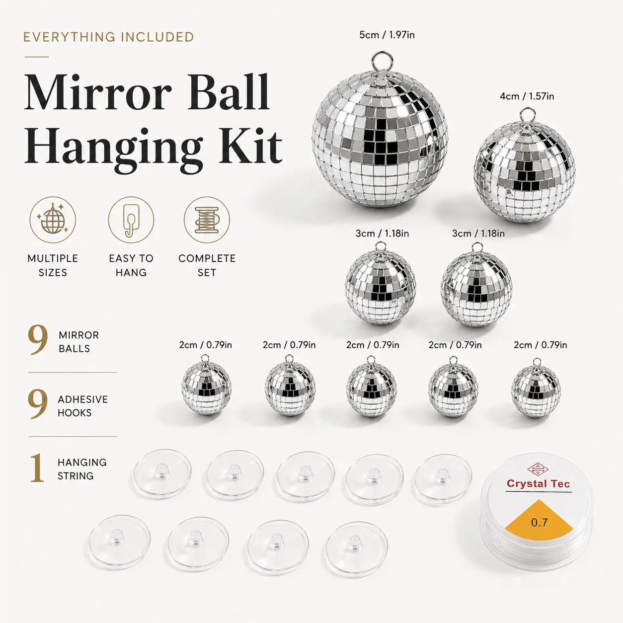 9-Piece Mini Mirror Disco Ball Hanging Set, Includes Invisible Hooks and Fishing Line, 2-5cm Mirror Balls, Home Bedroom Party Wedding Decor