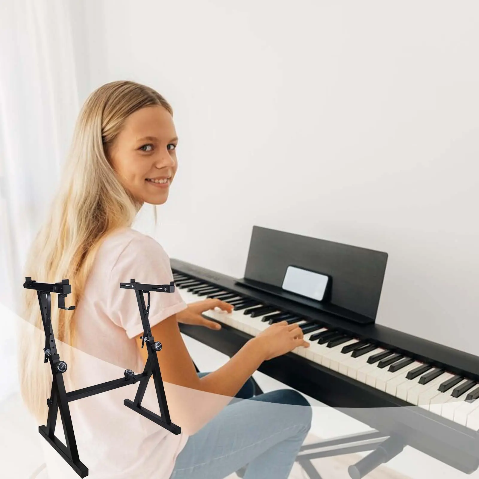 Keyboard Stand Piano Stand, Adjustable z Style Keyboard Stand Piano Stand, Heavy Duty Folding Keyboard Stand with Adjustable Width & Height, Foam Padded Arms for 44, 54, 61 and 88 Keys Electric Pianos Black