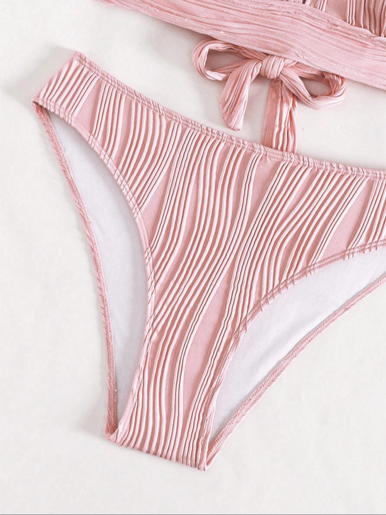 Two-Piece Set Women's Solid Textured High Stretch Bikini Set, Criss Cross Tie Back Bra & High Cut Panty, Ladies Swimwear for Summer Beach Holiday Vacation