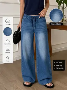Y2K Style Vintage Washed Wide Leg Jeans for Women, Casual Elastic Waist Denim Jeans for Daily Wear or Outing, Fashionable All-Season Trousers Pants