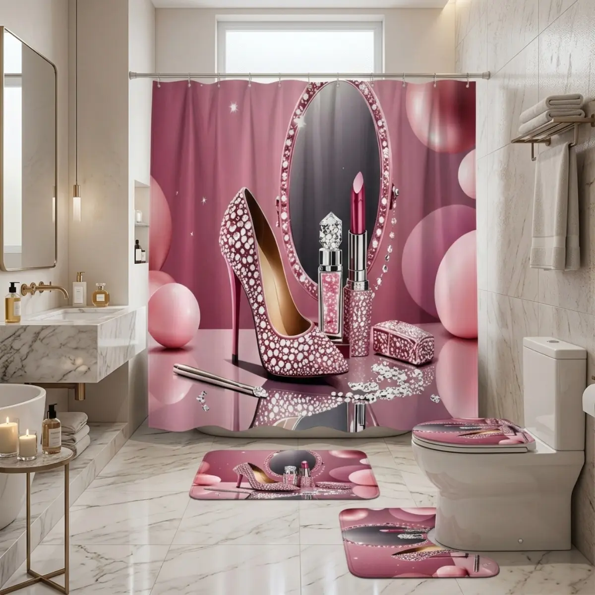 4pcs Glamorous Pink Lipstick & High Heel Shoes Fashion Bathroom Decor Set, Shower Curtain Sets, Sparkly Mirror Lights, Glitter Star Celebration Vibes, TikTok Shop Trending Holiday Style