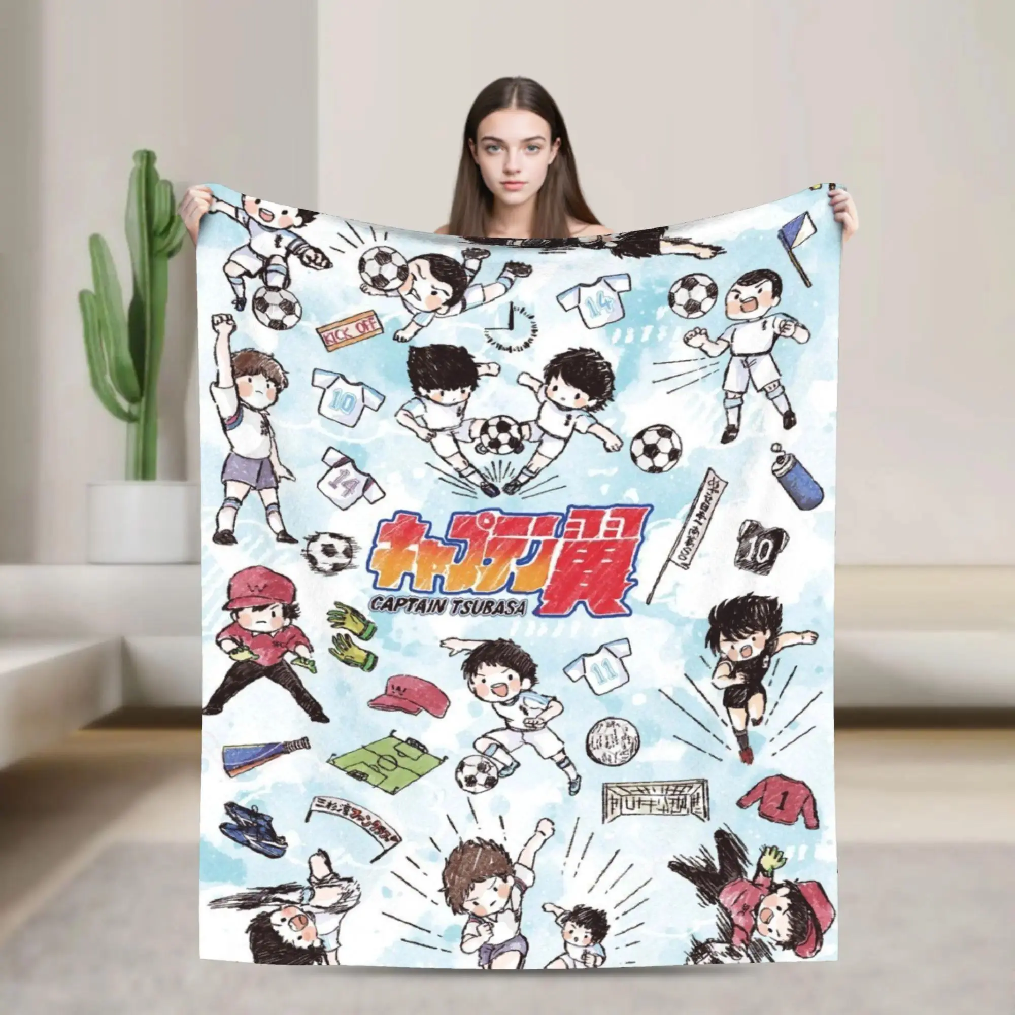 Captain Tsubasa Cartoon Print Microfiber Poly Plush Blanket - Plush Texture, Multi-Size (50x60in/60x80in, 60in*50in/80 x 60 inches), Wrinkle-Resistant All-Seasons Throw, Room Decor, House Decor, Birthday Gift