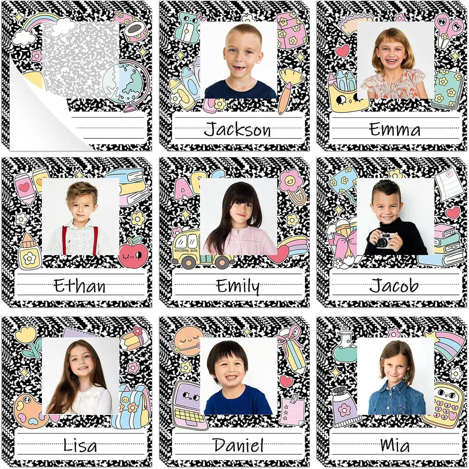 54 count Composition Book Name Tags for Classroom Decor Students Photo Nameplates with Photo Space Self Adhesive Desk Cubby Name Tags Labels Stickers for   to School Bins Cubbies Decor
