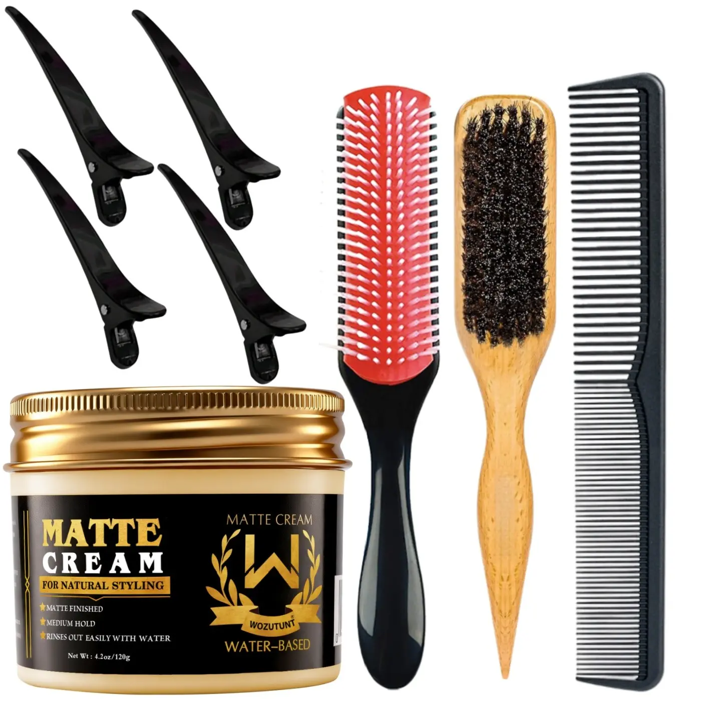 8‑Piece Men Matte Cream Hair Clay & Hairstyle Tool Set, Creamy Texture, Lightweight, Non‑Greasy Natural Finish, Water‑Based Medium Hold Hair Pomade for Curls, With Boar Bristle Brush, 9‑Row Nylon Comb & Hair Clips