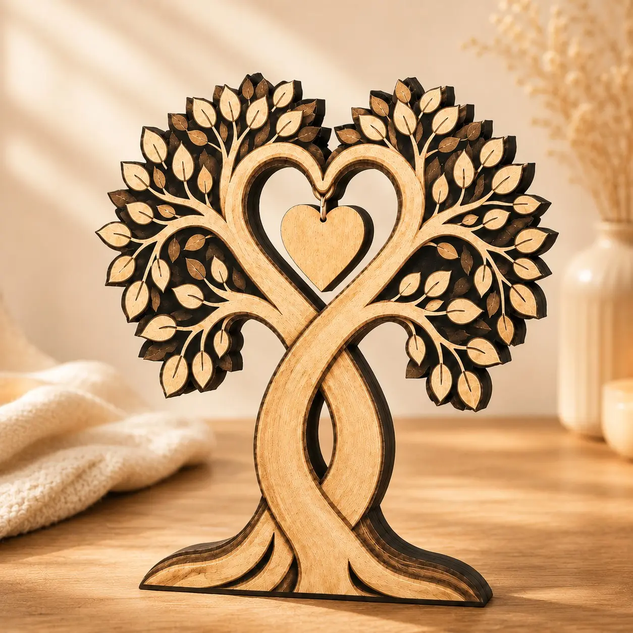 Double Tree Heart Ornament, Romantic Anniversary Gift for Husband Wife, Wedding Valentine Desk Decor, Pine Wood Couple Sculpture