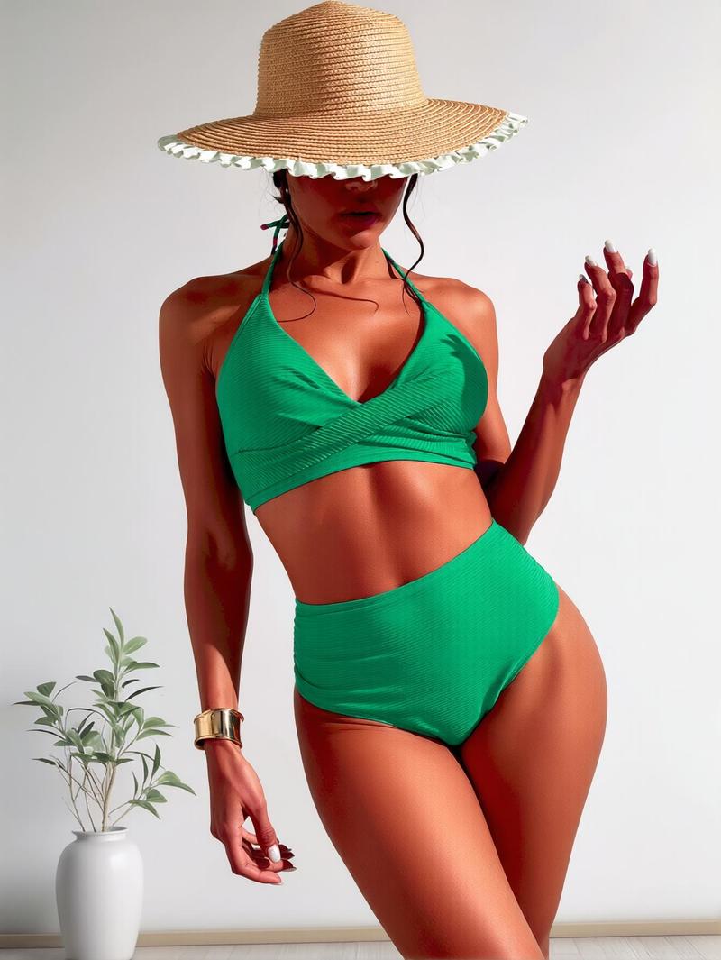 BlushHub Bright Green Halter Twist Two-Piece Swimsuit | Sexy Hot Girl Style, Halter Design, Front Twist & High Waist Tummy Control