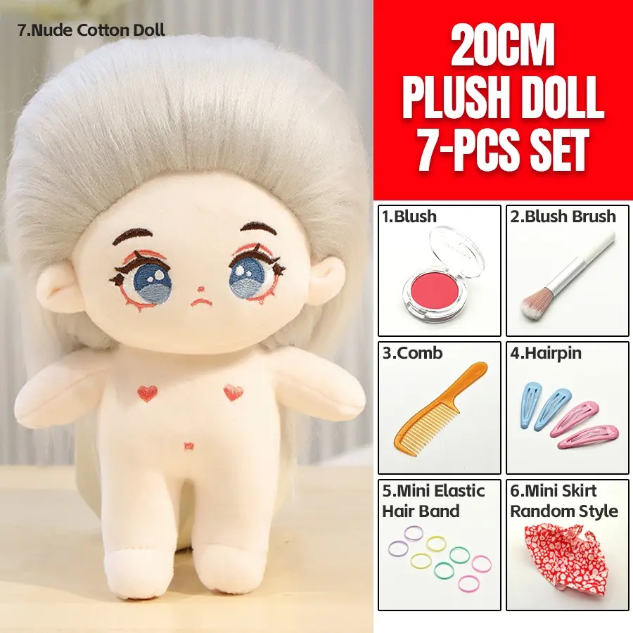 20cm Plush Cotton Doll DIY Set - Complete 7-Piece Set with Bare Doll, Blush Powder, Blush Brush, Comb, 2 Pairs Hair Clips, 8 Elastic Hair Ties & Cute Floral Dress - Kawaii Dress-Up Toy Gift for Girls, DIY Craft Enthusiasts & Doll Collectors