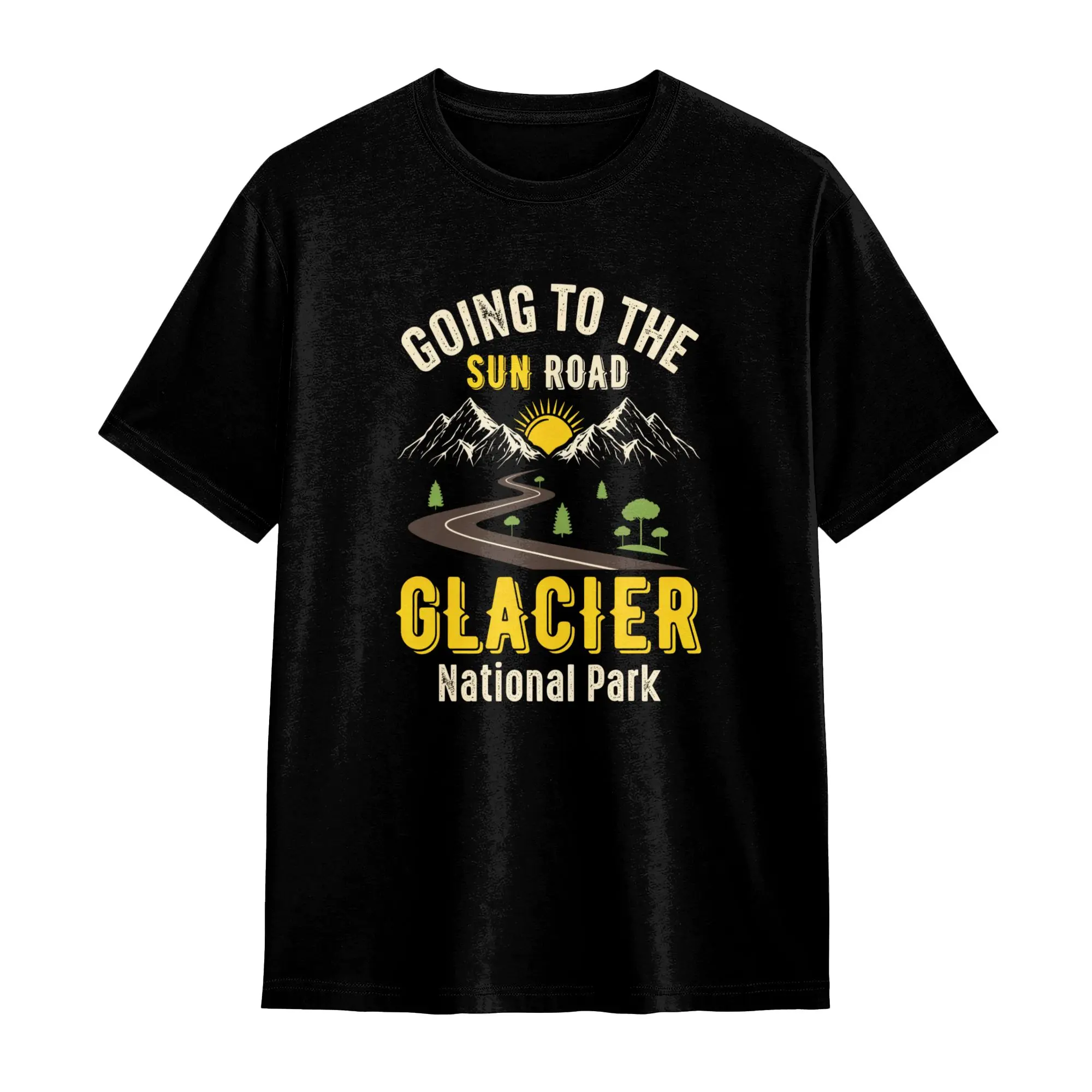Unisex Casual Going To The Sun Road Trip Art Mountain Tee, Glacier National Park Vintage Cotton Short-Sleeve T-Shirt for Hiking, Outdoor Use, Retro, Round Neck