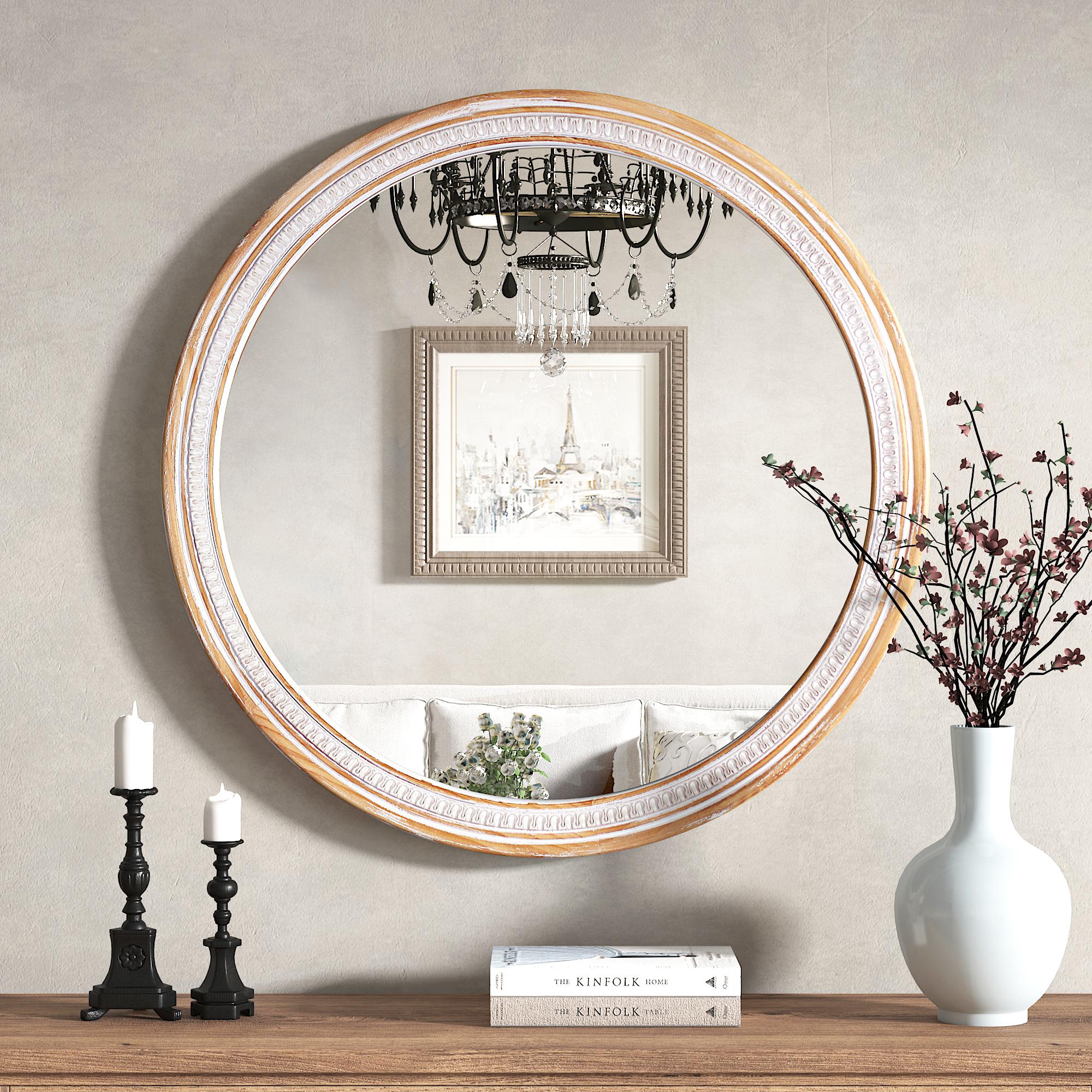 ARCH 30" Round Solid Wood Farmhouse Wall Mirror,Rustic Boho Circle Decorative Mirrors for Bathroom,Shabby Chic Wall Mounted Mirror for Bathroom Vanity Living Room Entryway ARCH 30" Round Solid Wood Farmhouse Wall Mirror,Rustic Boho Circle Decorative Mirrors for Bathroom,Shabby Chic Wall Mounted Mirror for Bathroom Vanity Living Room Entryway
