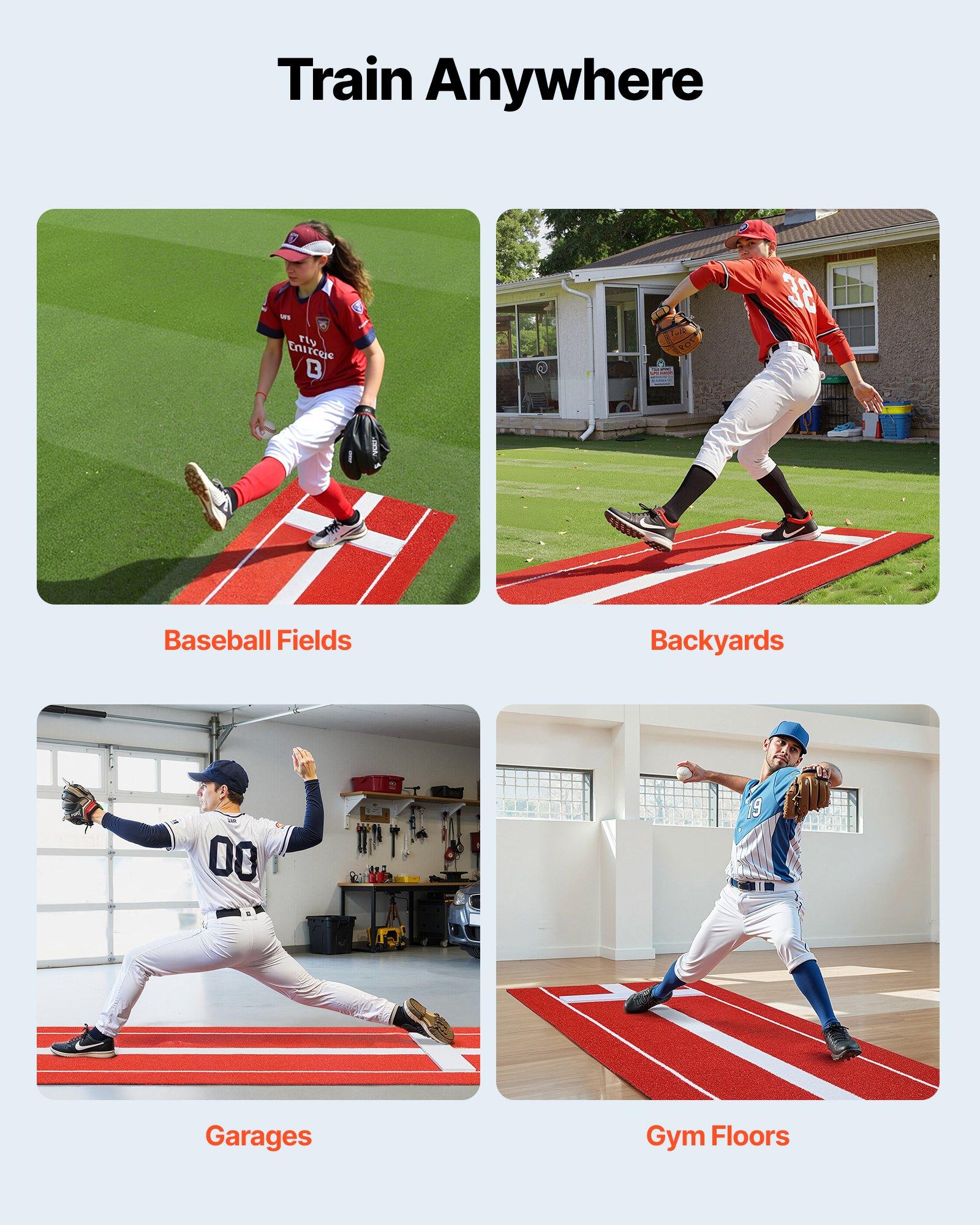 VEVOR Softball Pitching Mat, 10x3 ft Baseball Pitching Rubber Mound, Antifade Turf and Antislip Foam Backing Portable Training Aid, Fastpitch Equipment for Pitchers Indoor Outdoor Practice, Red