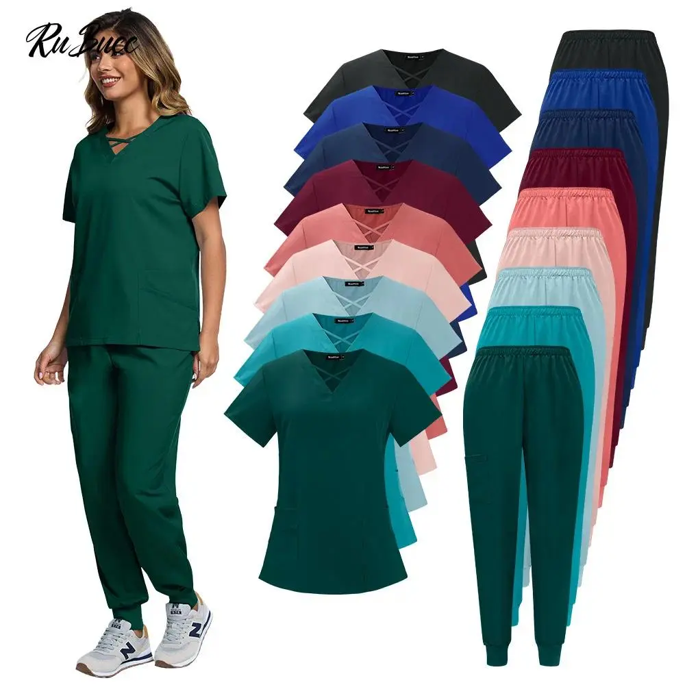 Women's 2-Piece Basic Medical Uniform Scrub Set - V-Neck Short Sleeve Top, Straight Shoulder, No Pull-On Jogger Pants - All Seasons Workwear for Nursing