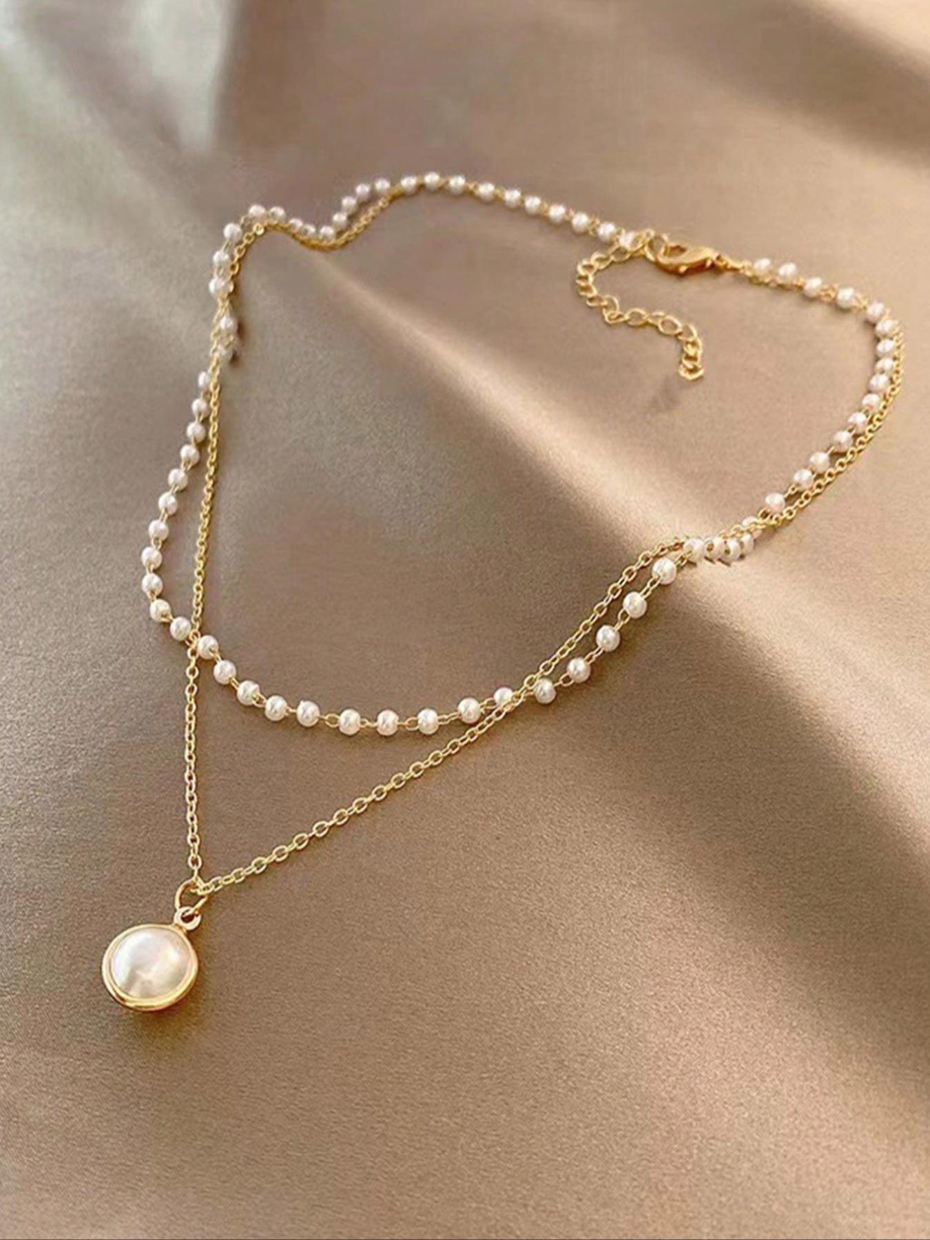 Faux Pearl Pendants Necklace for Women for Gift, Double Layered Necklace, Fashion All-match Accessory, Trendy Jewelry for Daily Wear