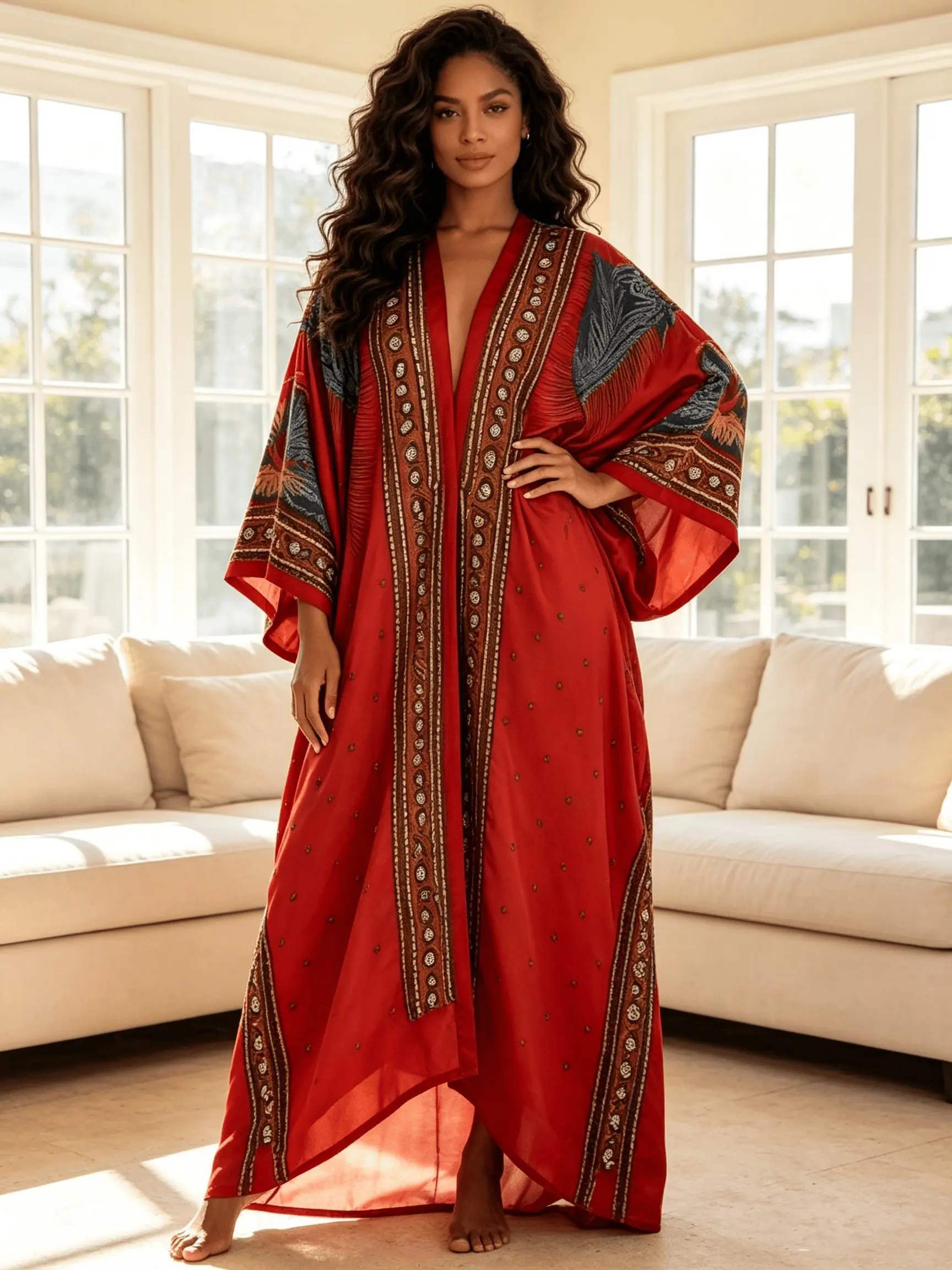 Women Vintage Red Ethnic Embroidery Print Satin Long Kimono Robe, Versatile Shawl Outerwear, Beachwear Cover Up, Open Front Wide Sleeve Maxi Beach Cover Up, Silky Oversized Vacation Loungewear Sleepwear Nightgown