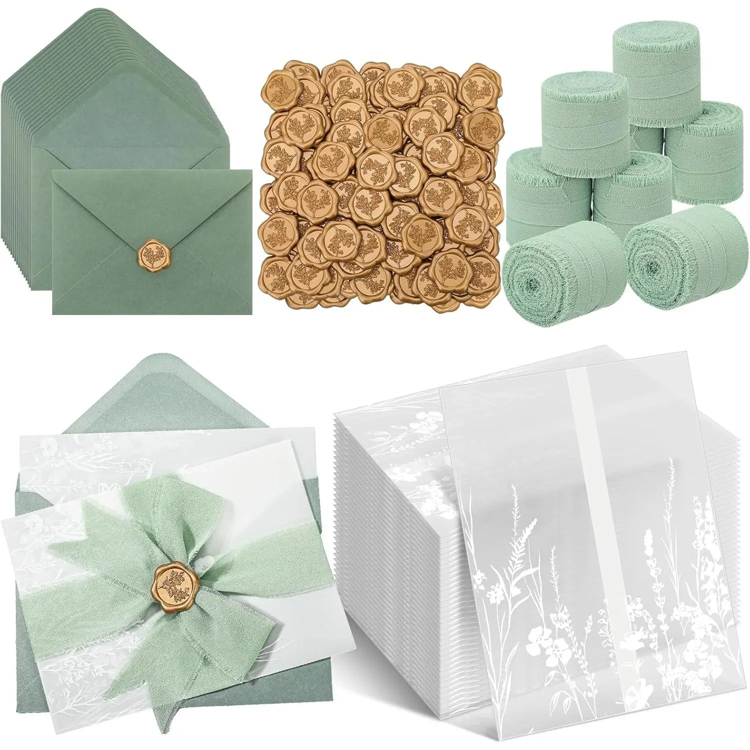 50 Set Wedding Invitation Wrap Kit Pre Folded Vellum Jacket for 5x7 Invitations with Sage Green Envelope Gold Wax Seal Stickers Wedding Accessories for Bridal DIY Invite Craft