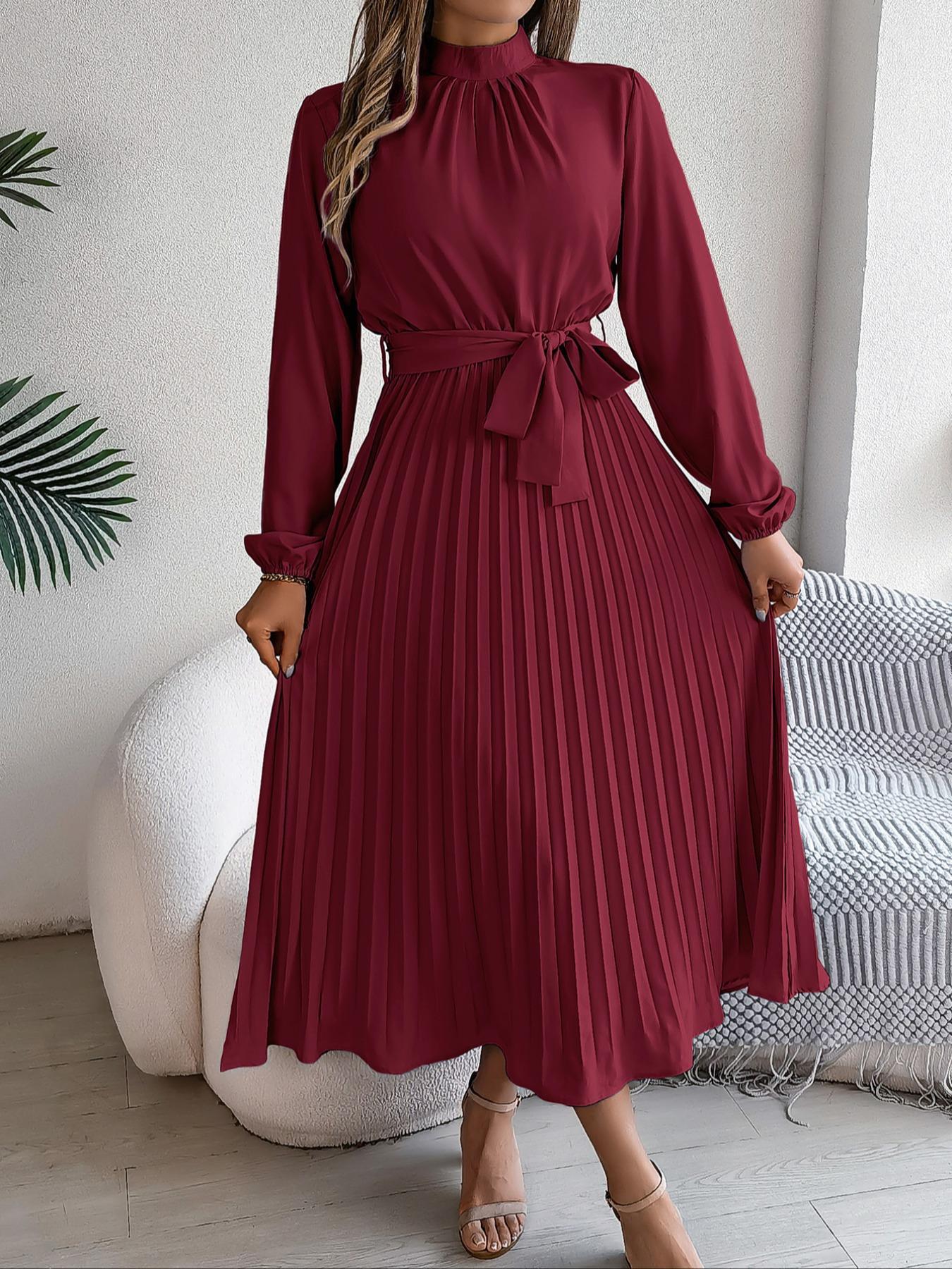 Women's Elegant Chic Long Sleeve Belted Pleated Dress, Spring & Fall Fitted Plain Design, Middle East Style Maid of Honor Gown