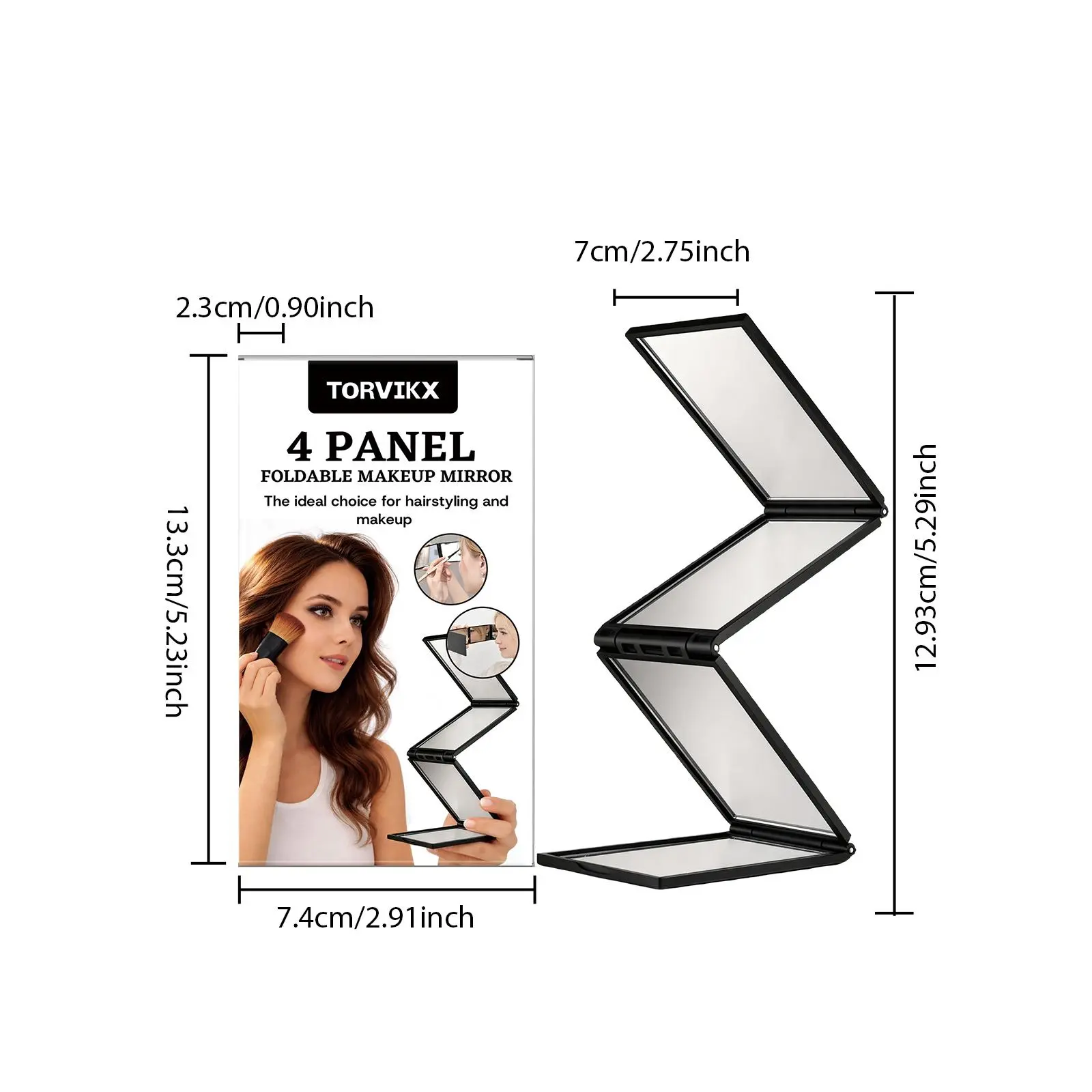 TORVIKX 4-Panel Collapsible Makeup Mirror - Handheld, Adjustable Multi-Angle, Travel Size Portable Cosmetic Mirror for Daily Makeup Touch-Ups