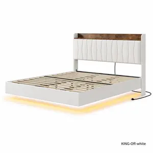 Floating Platform Bed Frame with RGB LED Lights & Charging Station, Upholstered Bed with Storage Headboard, Wood Slats, Hidden Legs, No Box Spring Needed, Modern Bedroom Frame for Full, Queen & King Mattress, Off-White, Black & Grey Options