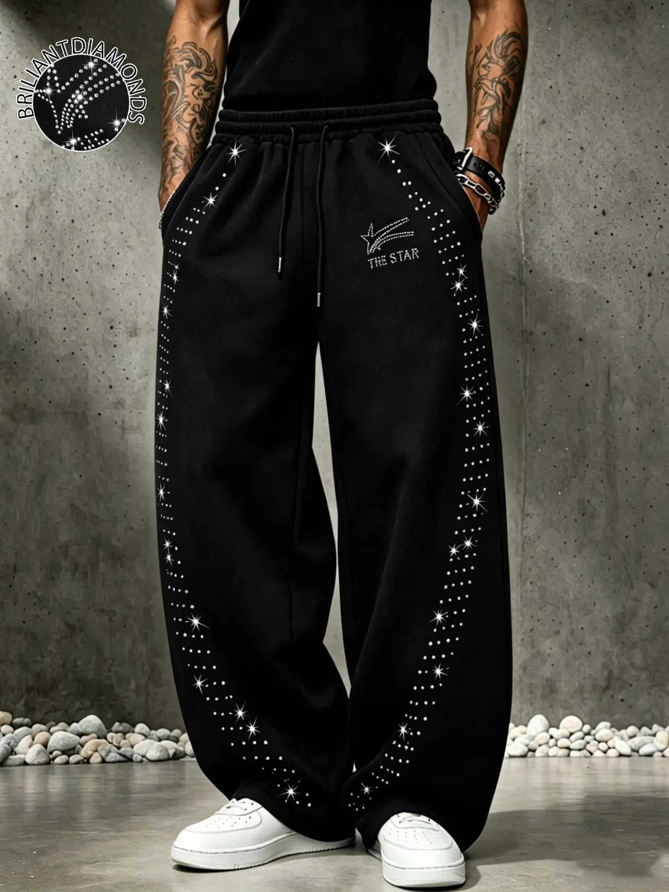Men's Casual Long Pants, Gradient Rhinestones, Starburst Design, Button Fly, Mid Waist, Ankle Length, Perfect for Daily Wear