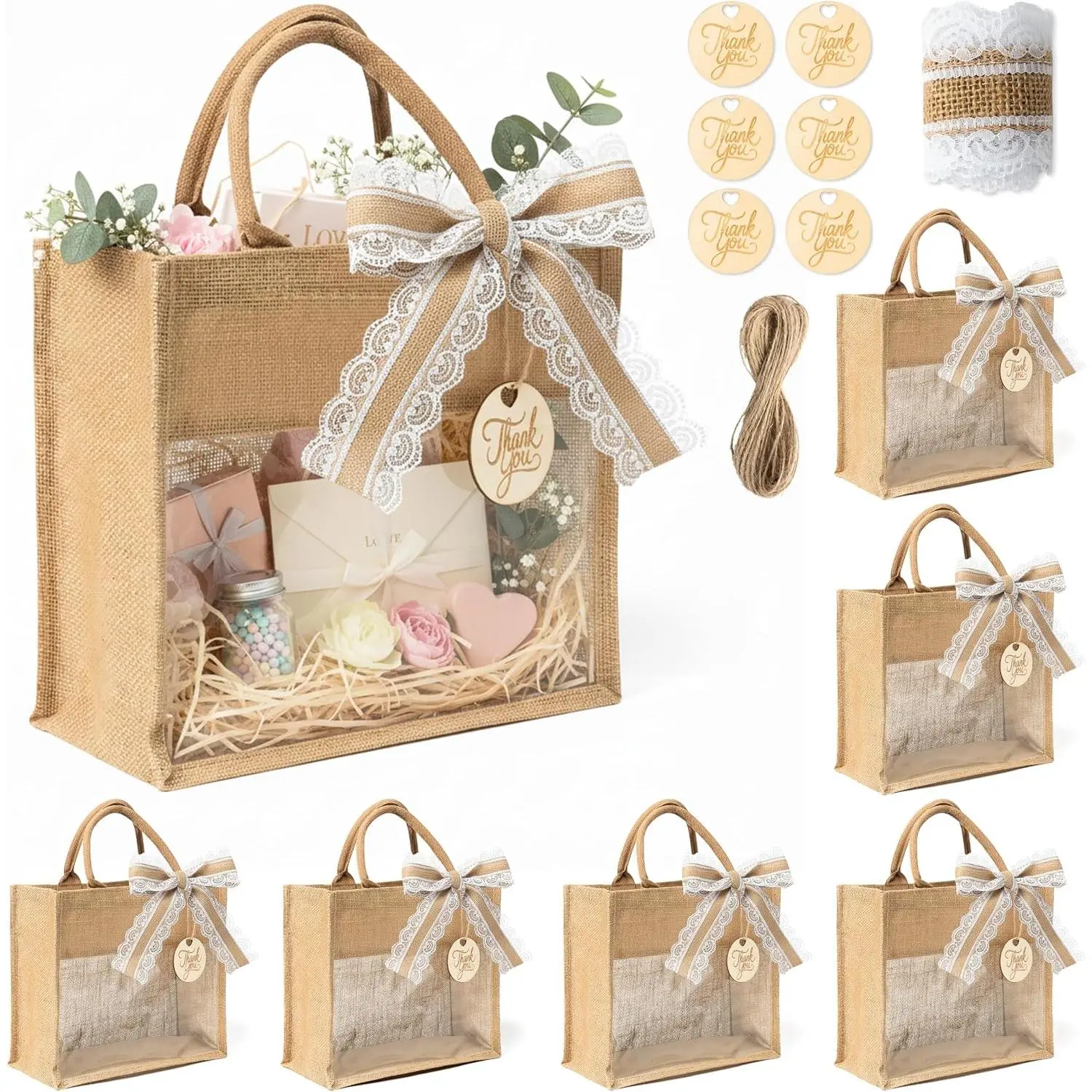 Wedding Burlap Tote Bags - 6 Pack Large Bachelorette  Bag with Handles Clear Window Ribbon,  Bridesmaid Jute Handbags for Women Engagement Welcome Beach Party (14.2"×11"×2.8")
