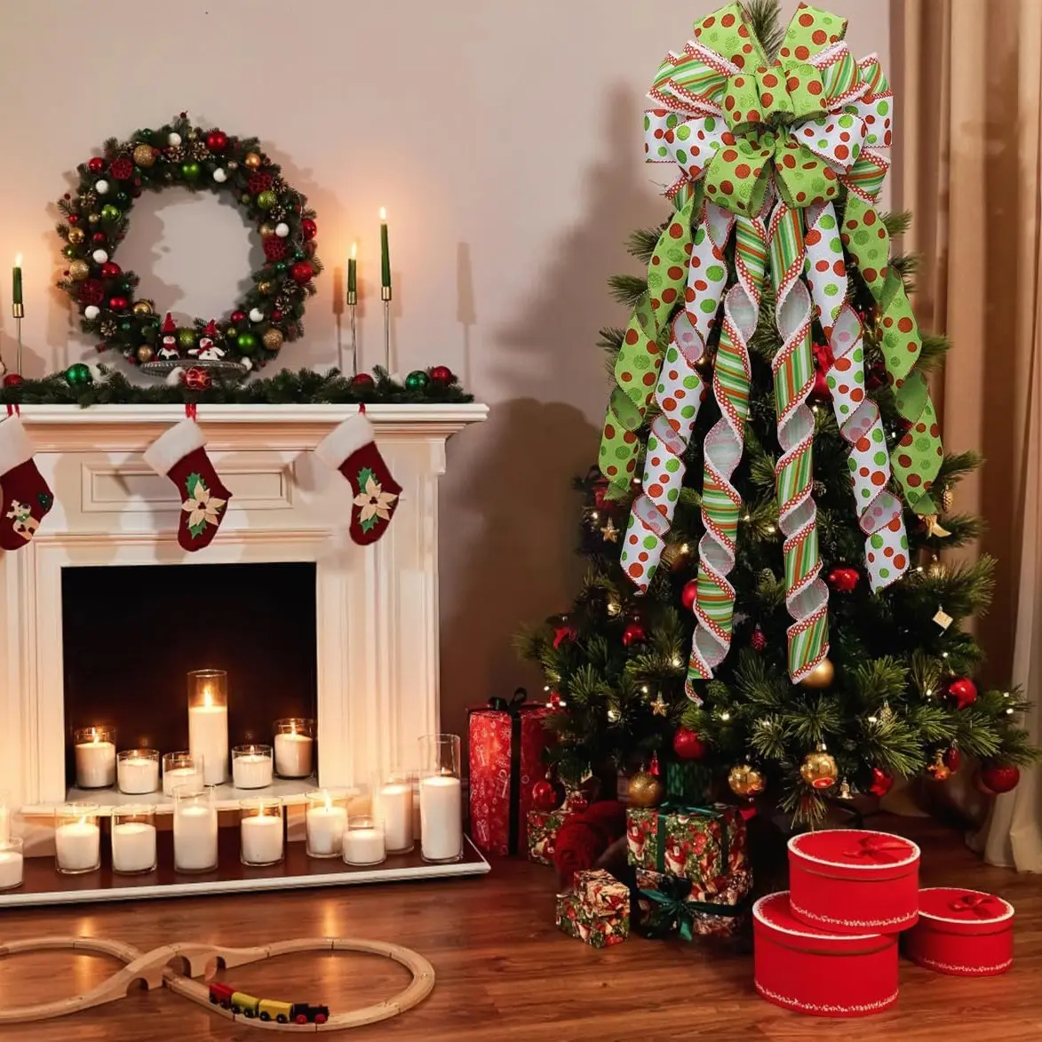 Large Christmas Bow Tree Topper, Dot Polyester Gift Bow, Holiday Craft Home Wedding Indoor Outdoor Decor, 13 X 45 Inches