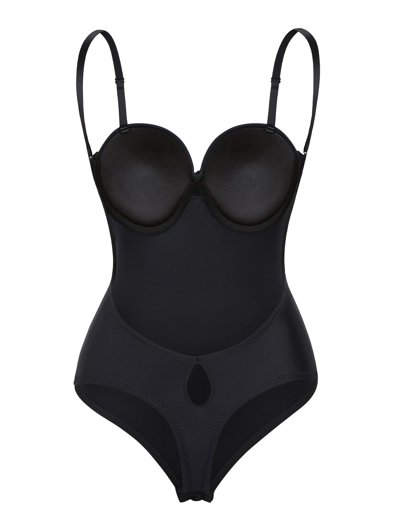 Women's Solid Backless Hook Eye Design Shapewear Bodysuit, Adjustable Strap Hollow Out Padded Bodysuit, Smooth High Stretch Fit Tummy Control Shaper for Daily Wear