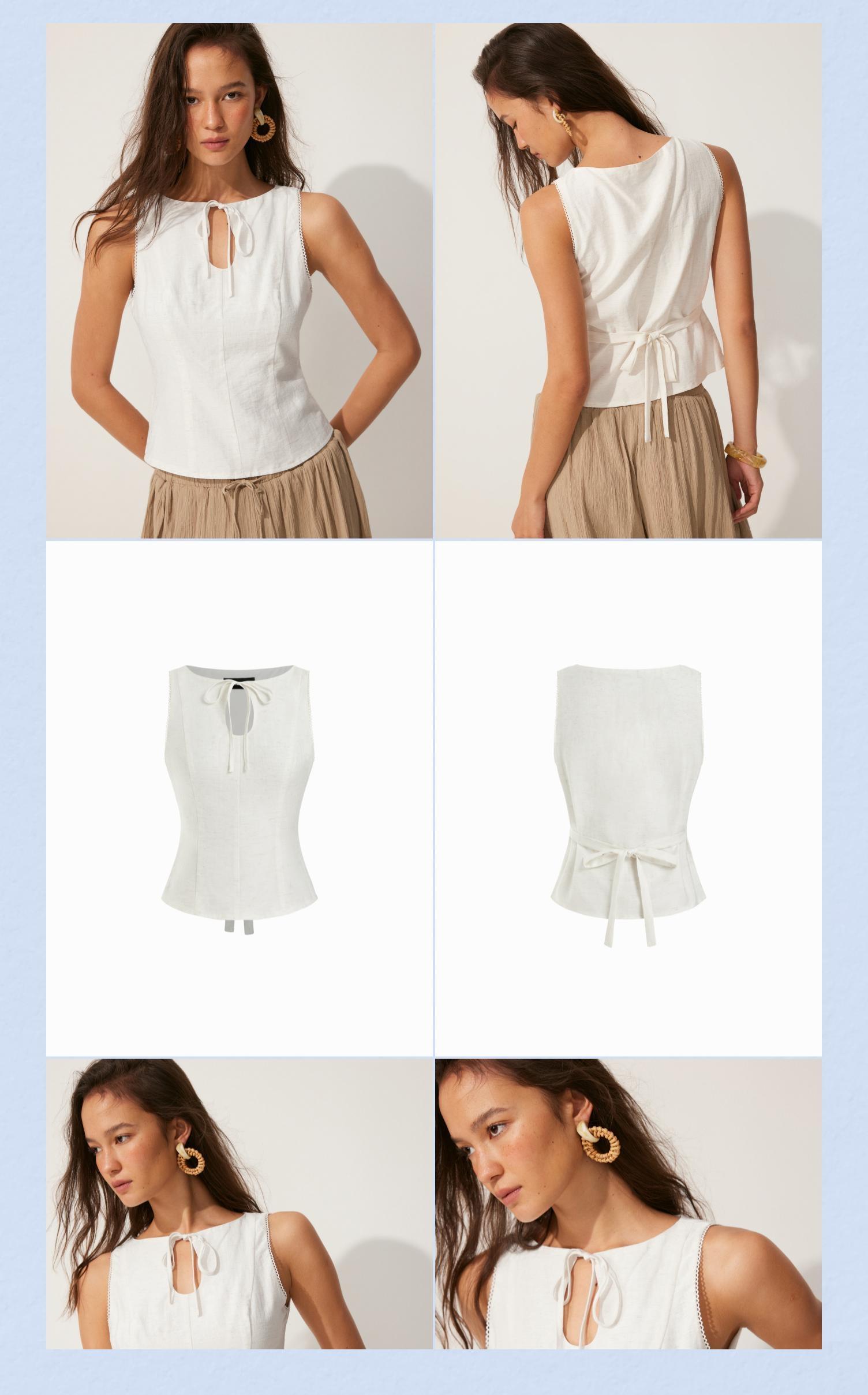 Cider Linen-blend Boat Neck Knotted Sleeveless Blouse