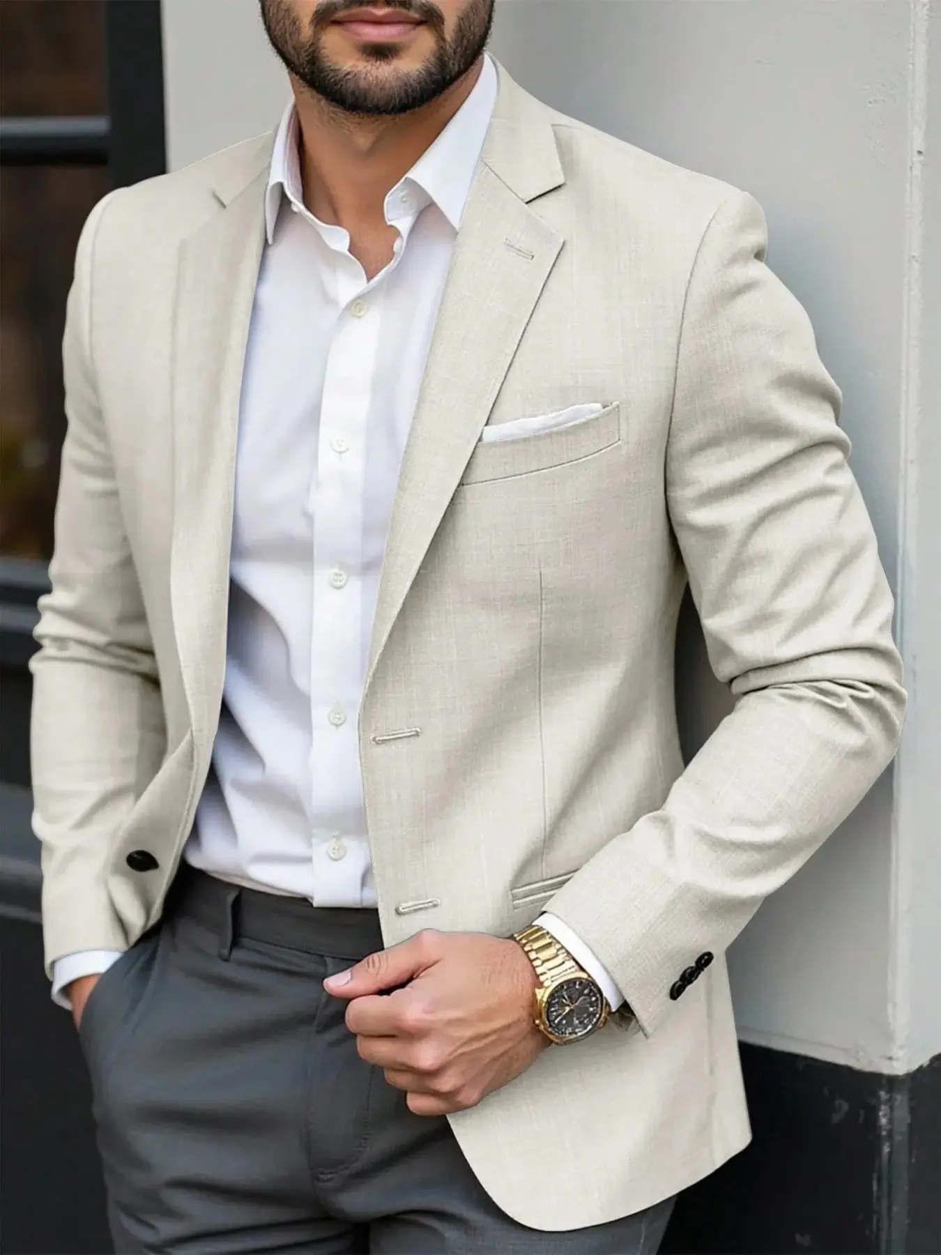 Men's Suit Jacket with Notched Lapel, Single-Breasted Buttons, Long Sleeves, Chest Welt Pocket and Twin Side Pockets in Tailored Fit
