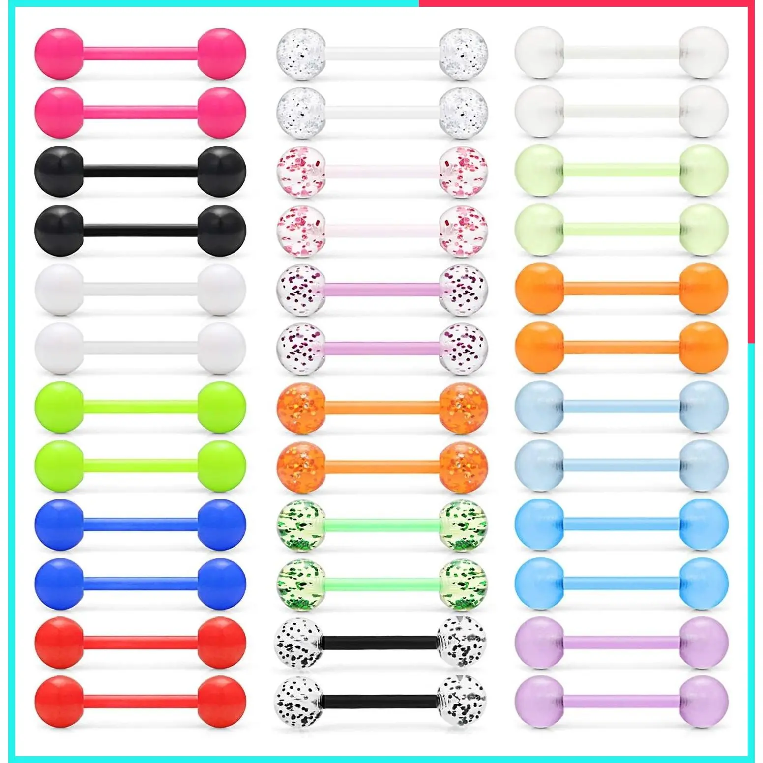 36Pcs 14G Glow in the Dark Flexible Acrylic Straight Tongue Barbell Nipple Ring Retainer Piercing Jewelry for Women & Men 16mm Bar