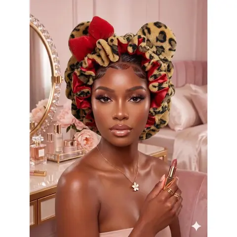 Women's Luxury Leopard Print Plush Satin Sleep Bonnet - Elastic, Double-Layer Hair Cap with Animal Ears & Bow, Heatless Curly Hair Protection, Adjustable Night Hat for Frizz Control & Haircare