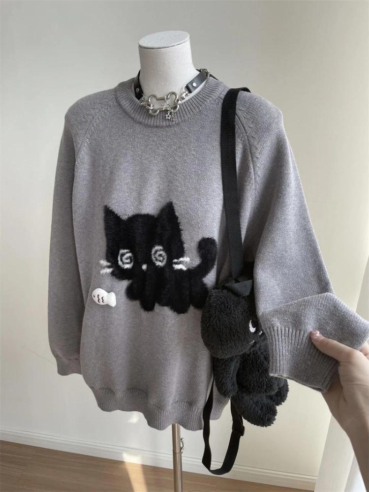 Autumn Gray Vintage Elegant Knit Pullover Woman  Cartoon Print Design Harajuku Sweater Feamale  Long Sleeve Retro Clothes