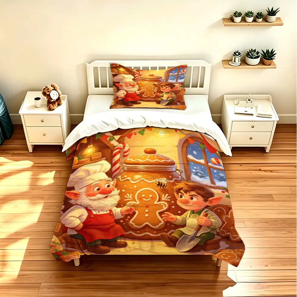 2/3pcs duvet cover set (1 duvet cover + 2 pillowcases) - Christmas Gingerbread Elf Printed Bedding Set, HD digital printing, fade-resistant, soft & cozy polyester fabric, all season use, perfect for bedroom, dorm and hotel, home decor (no filler and