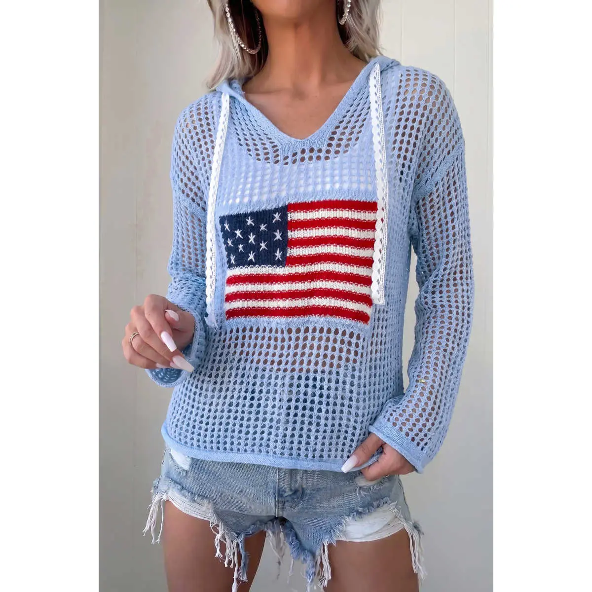 Women's Beau Blue Breezy Open Knit Loose Relaxed Crochet Hoodie - Long Sleeves, American Flag Patch, Adjustable Drawstring, Casual Comfy Pullover Top