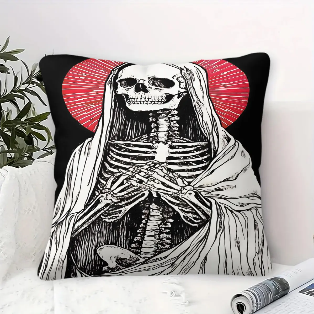 45x45cm 1Pc  Dark Skull Series Hooded Skull Print Throw Pillow, Machine Washable, Soft & Fluffy, Home Decor for Living Room, Bedroom, Hotel, Perfect Halloween Gift (Pillow Insert Included)