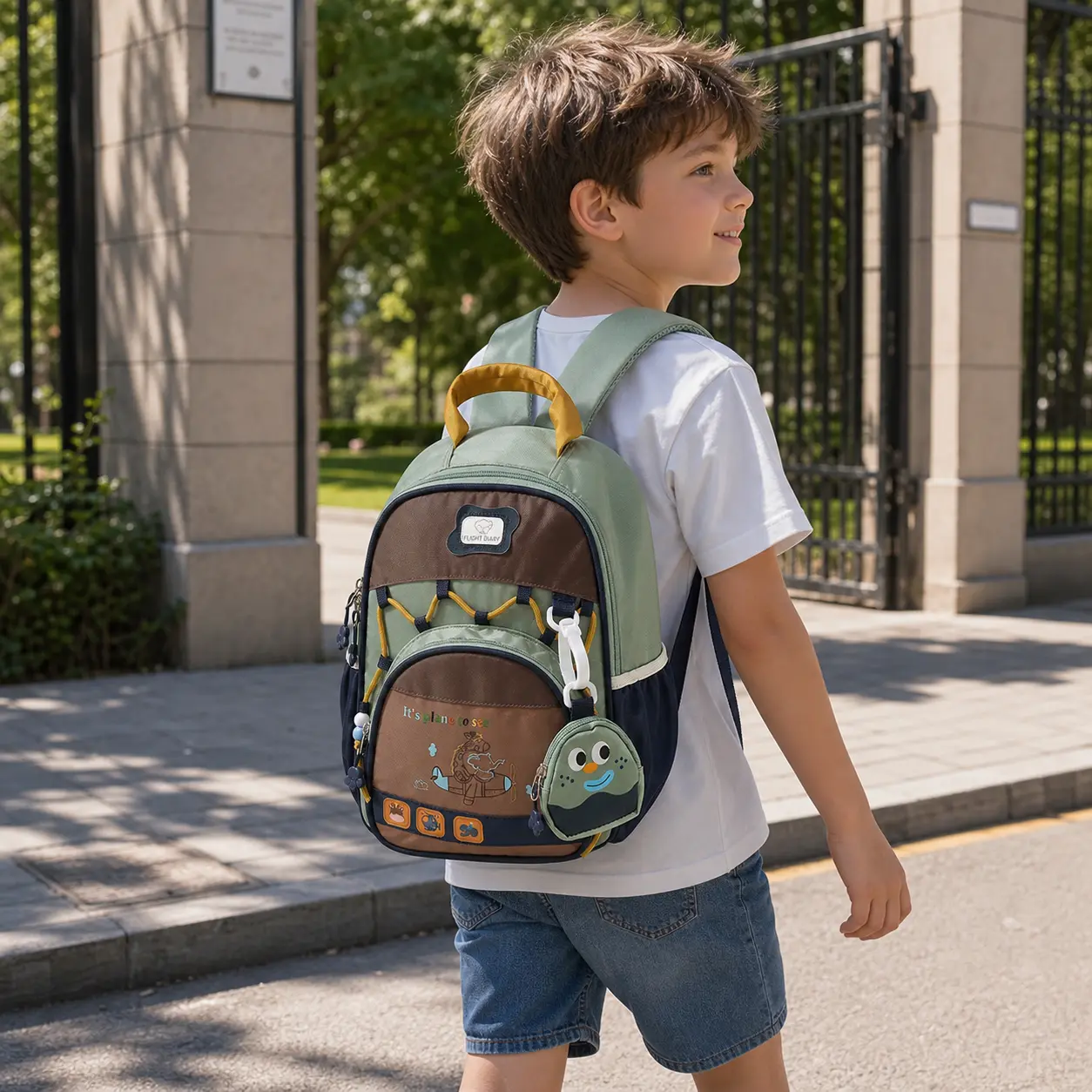 Kids' Green-Brown Colorblock Cartoon Adjustable Unisex Multi-Pocket Casual School Backpack for Students