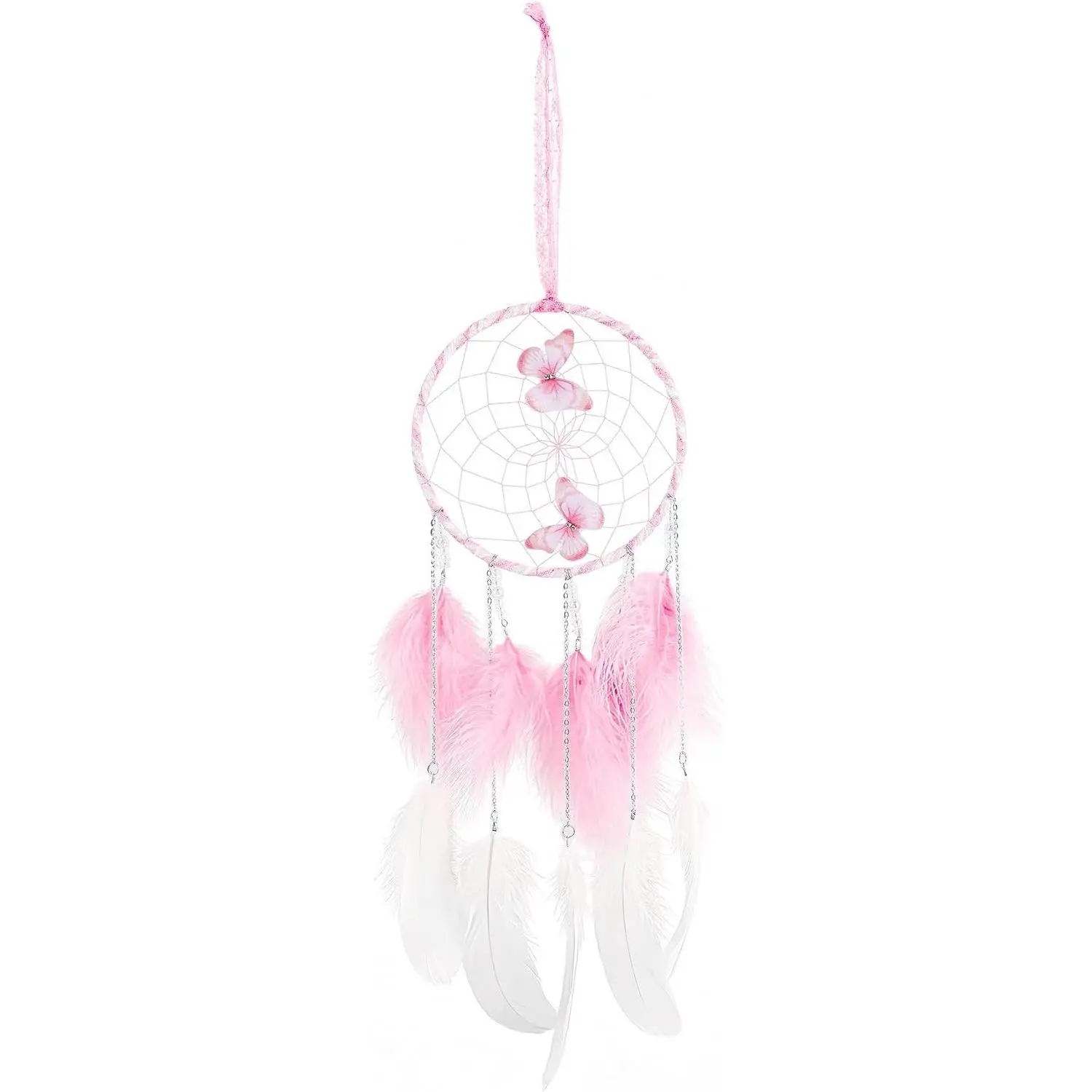 Pink Butterflies Dream Catcher with Colorful Feathers for Wall Decoration