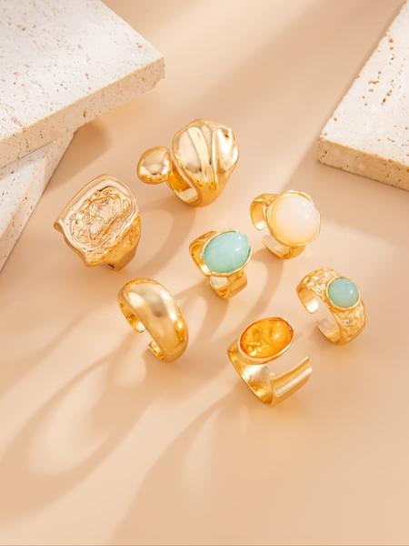 7 Pieces Vintage Fashion Geometric Gemstone Inlaid Ring Set, Women's Bold Metal Rings, Geometric Design Ring, Perfect for Daily Wear and Party Jewelry Gifts