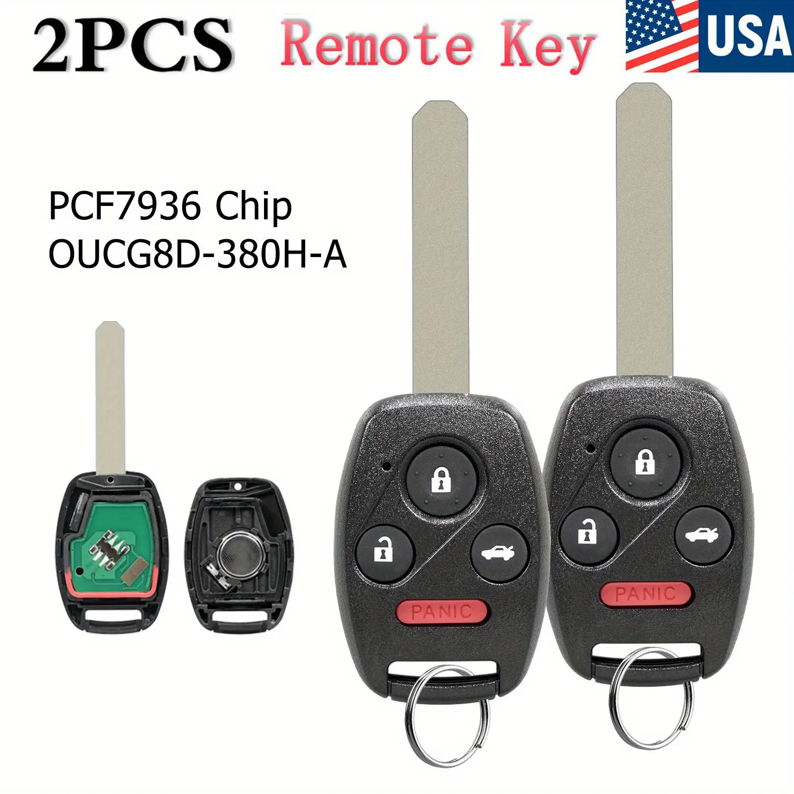 2pcs 314MHz 2x Full Remote Key Fob, 3+1 Buttons with PCF7936 Chip & CR1616, Aftermarket Programming for Honda Accord 2003-2007, CR-V 2005-2006 (FCC ID OUCG8D-380H-A)
