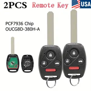2pcs 314MHz 2x Full Remote Key Fob, 3+1 Buttons with PCF7936 Chip & CR1616, Aftermarket Programming for Honda Accord 2003-2007, CR-V 2005-2006 (FCC ID OUCG8D-380H-A)
