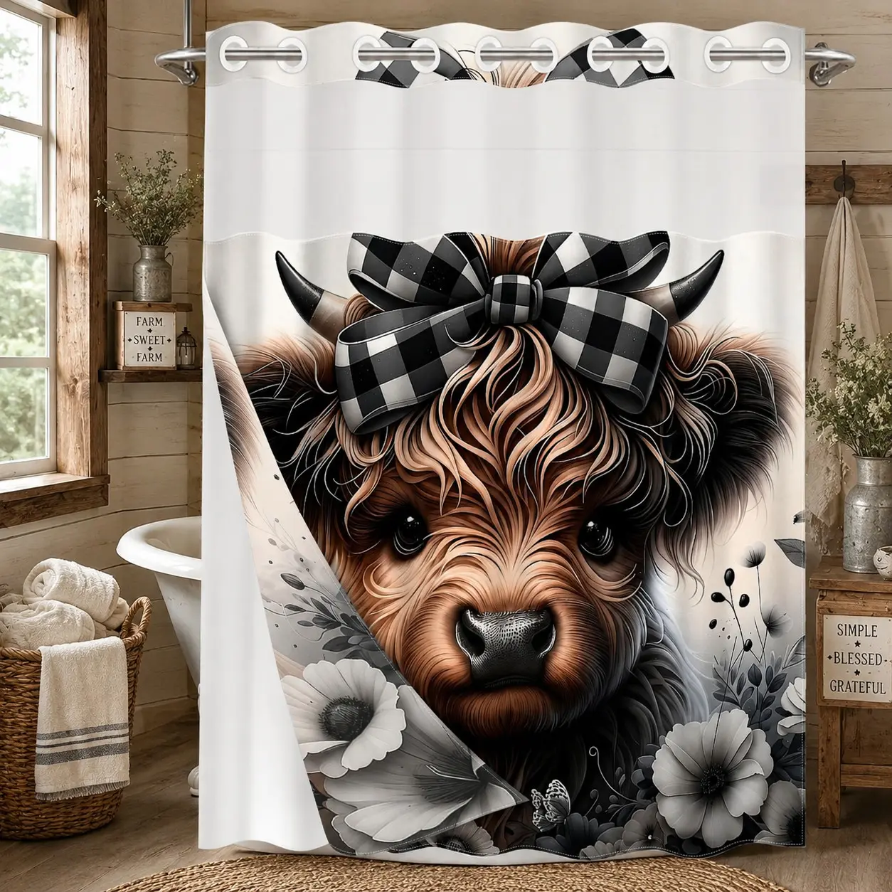 1pc 2D Flat Printing hookless shower curtain hanger liner Cute Cow with Plaid Bow and Flowers Fabric waterproof lining shower curtain with transparent window, double-layer shower curtain, 71 x 74 inches, modern home curtain decoration Bathroom