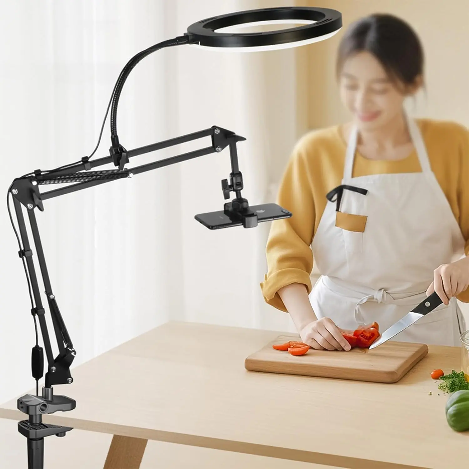 Overhead Camera Mount and Phone Holder with 10” Ring Light Canvas Lamp Adjustable Desk Tripod Stand Compatible with  Webcam for YouTube, Live Streaming, , Cooking,  Video