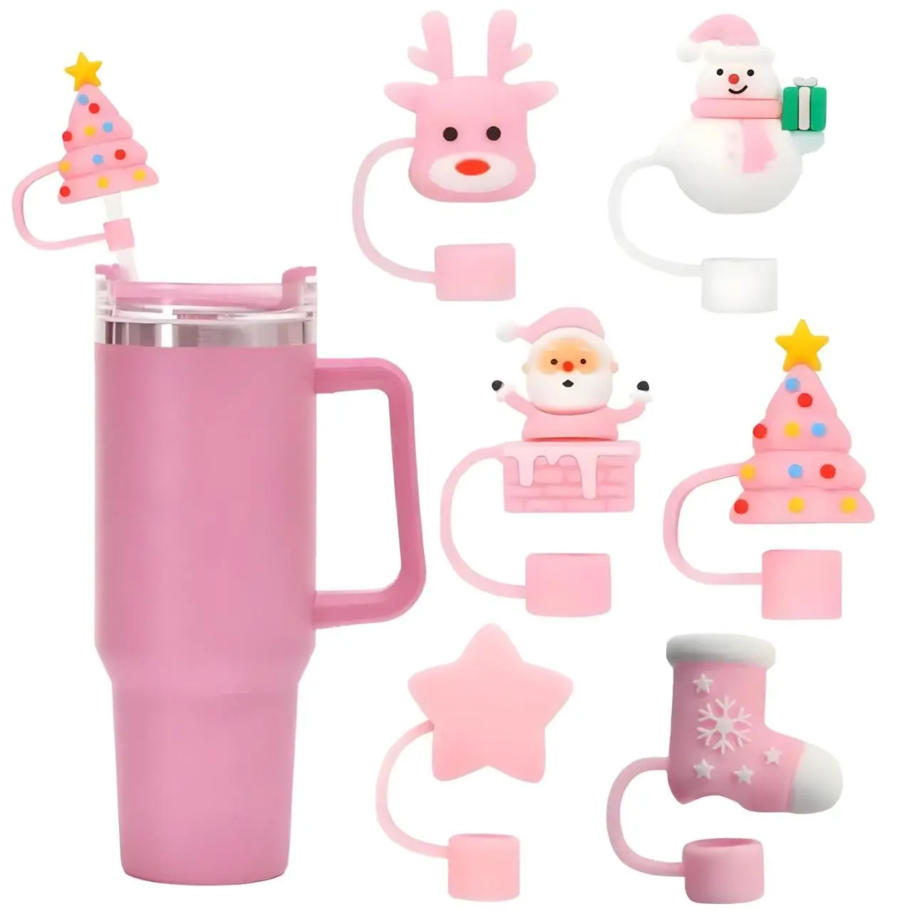 6pcs Christmas Pink Straw Cap Set – Reusable Holiday Dust Covers for 30oz/40oz Tumblers, Fits 9-10mm Straws – Cute Xmas Drink Lid Accessories, Sealed & Easy to Clean, Perfect for Holiday Parties, Aesthetic Christmas Drinkware Decor