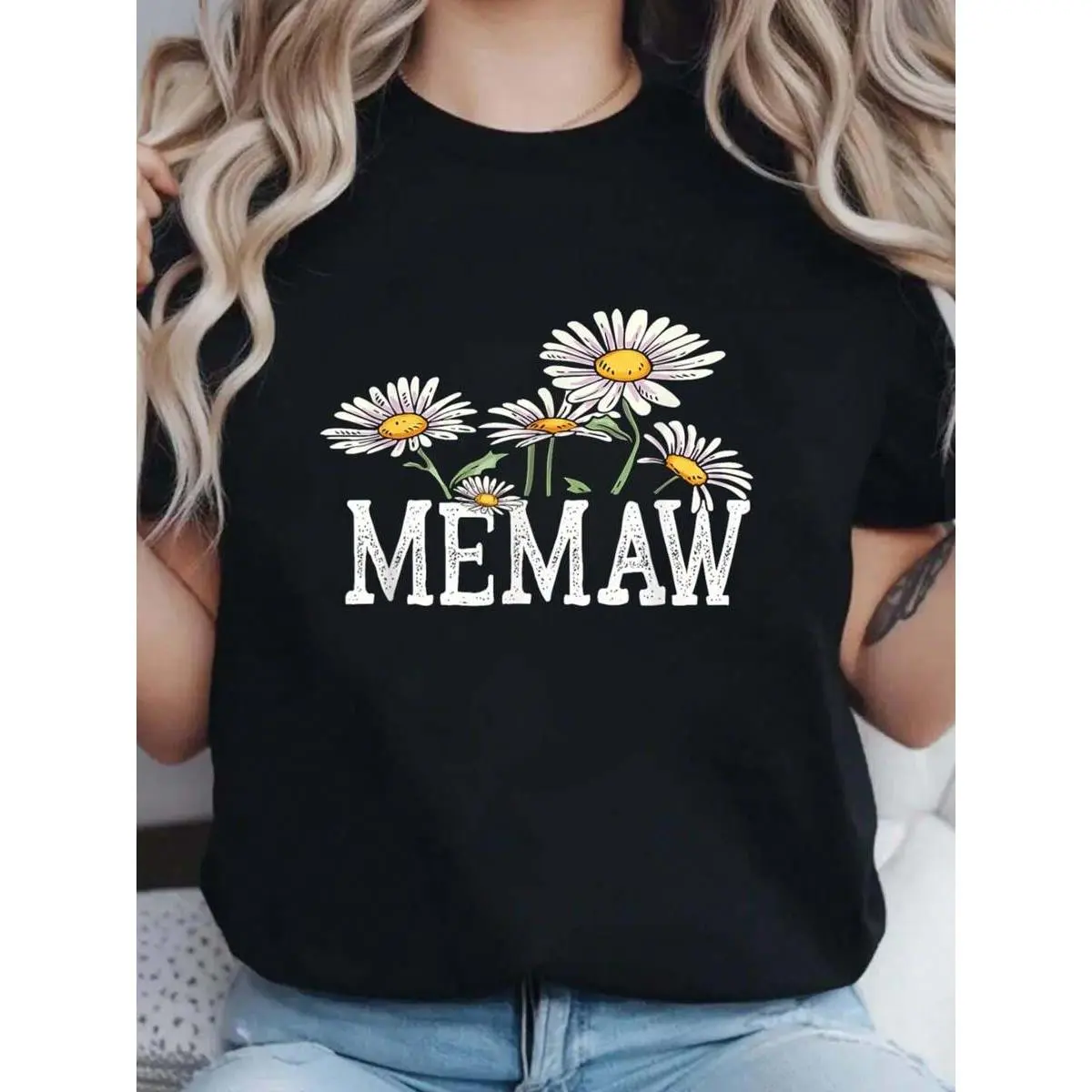 Women's Memaw Floral Graphic T-Shirt, Casual Chic 100% Cotton Crew Neck Top, All-Season Short Sleeve Mother's Day Gift, Mother's Day Gifts, All Seasons, Basic, Machine Washable, Normal Type, Regular, Round Neck, Dry Clean