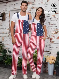 USA Flag Print Overalls | Unisex Independence Day Outfit, Flag Design, Gender-Neutral Style, Star-Spangled Overalls, Perfect for Wearing with Besties or Partners for a Cozy Atmosphere