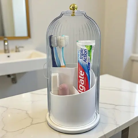 360° Rotating Makeup Brush Holder With Dust Cover, Multi‑Use Countertop Storage Organizer, Dustproof Cosmetic Brush & Toothbrush Holder for Vanity, Bathroom Sink Counter