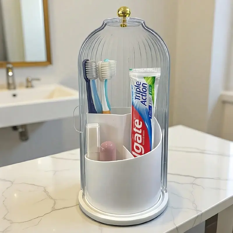 360° Rotating Makeup Brush Holder With Dust Cover, Multi‑Use Countertop Storage Organizer, Dustproof Cosmetic Brush & Toothbrush Holder for Vanity, Bathroom Sink Counter