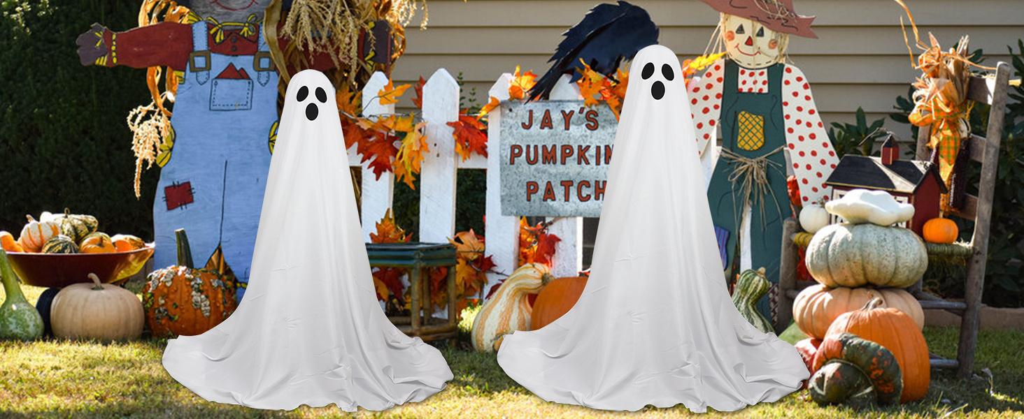 2Packs Halloween Decorations Outdoor, Spooky Halloween Ghost Decor with Remote String Lights Battery Operated, Easy to Assemble Ghost Decorations for Front Porch Yard