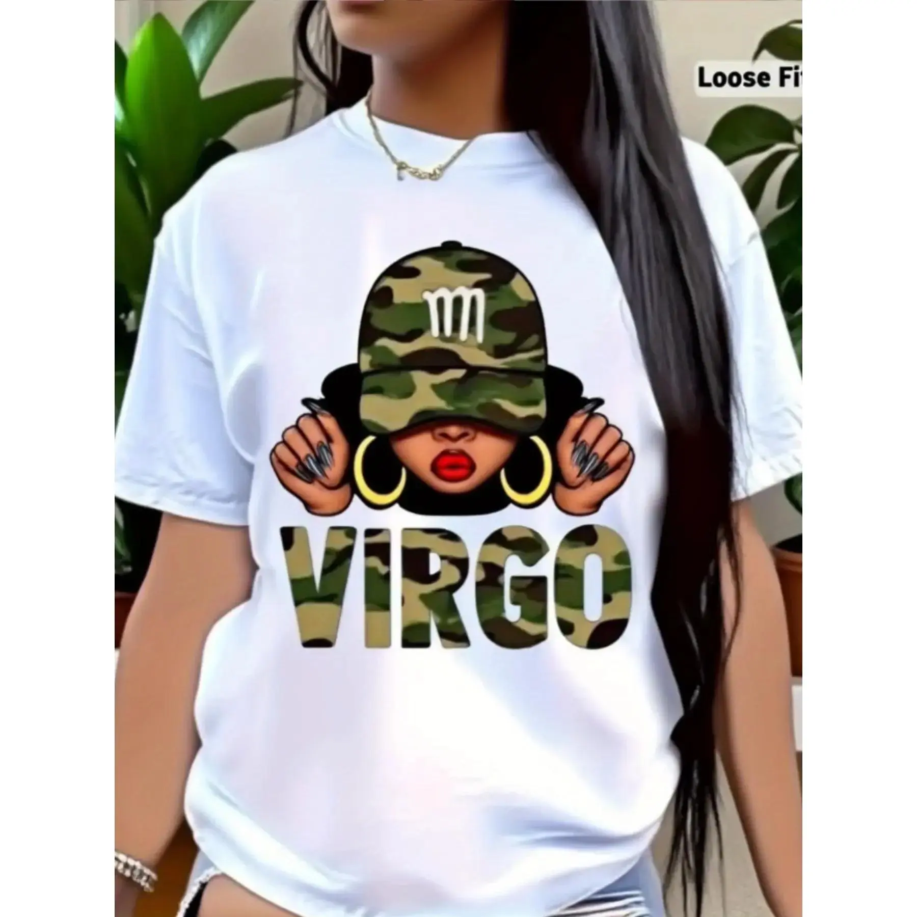Women's Short Sleeve T-Shirt - White T-Shirt with Virgo Printed Design, Casual Round Neck Stretchy Soft Fabric, Machine Washable, All-Season Fashion Top, Trendy Attire, Statement Graphic Tee, Comfortable Fit Tee, Perfect Gift for Festival