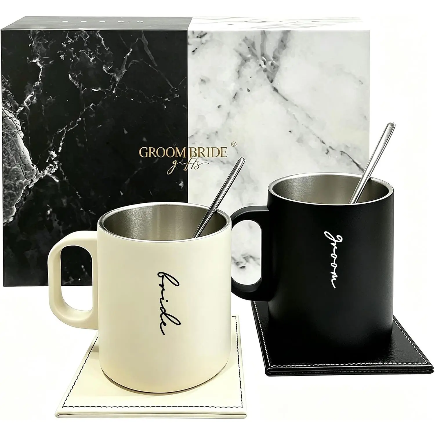 Bride and Groom Mugs with PU Coaster and Stirring Spoon, Engagement Gifts for Couples, Bride to Be & Groom to Be Gifts, Bridal Shower Gift