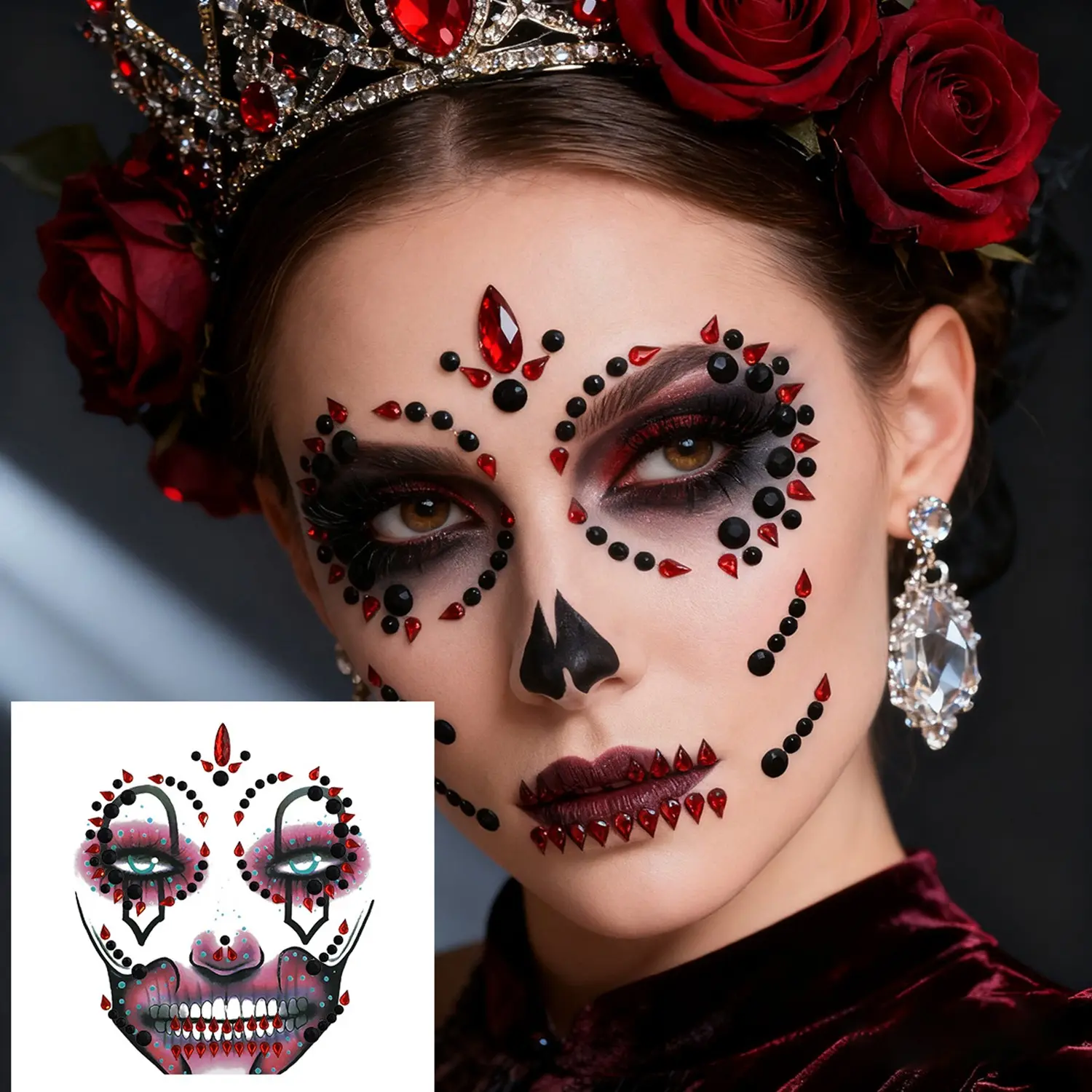 Halloween Day of the Dead Face Gem Stickers, Sugar Skull Face Jewelry, Rhinestone Face Stickers, Role Play, Halloween Party
