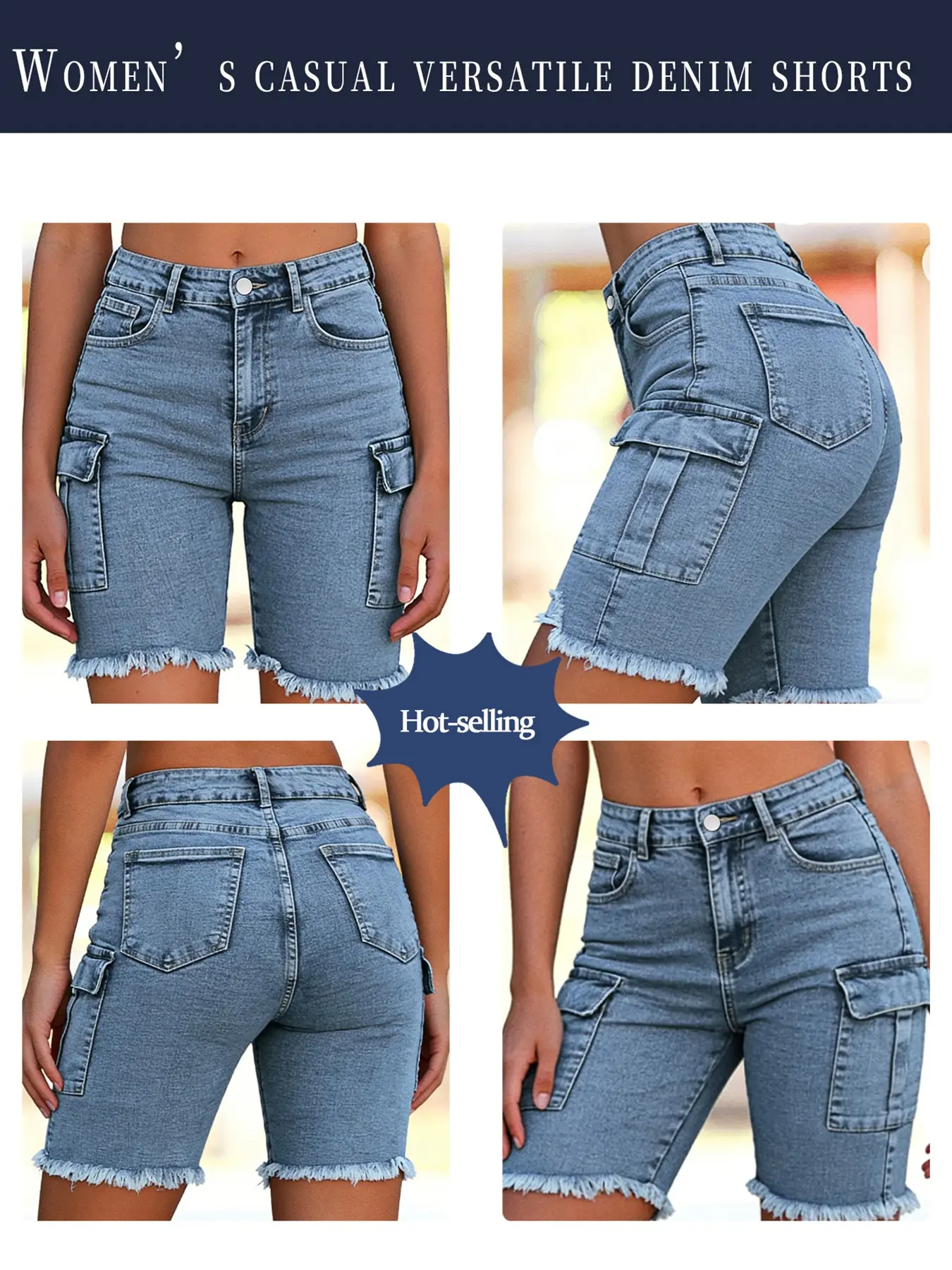 Women's Denim Shorts with Low Waist, Button, Pleated Pockets, Frayed Leg Hem, Stylish and Comfortabe, Perfect for Casual Wear, Ideal for Daily Use
